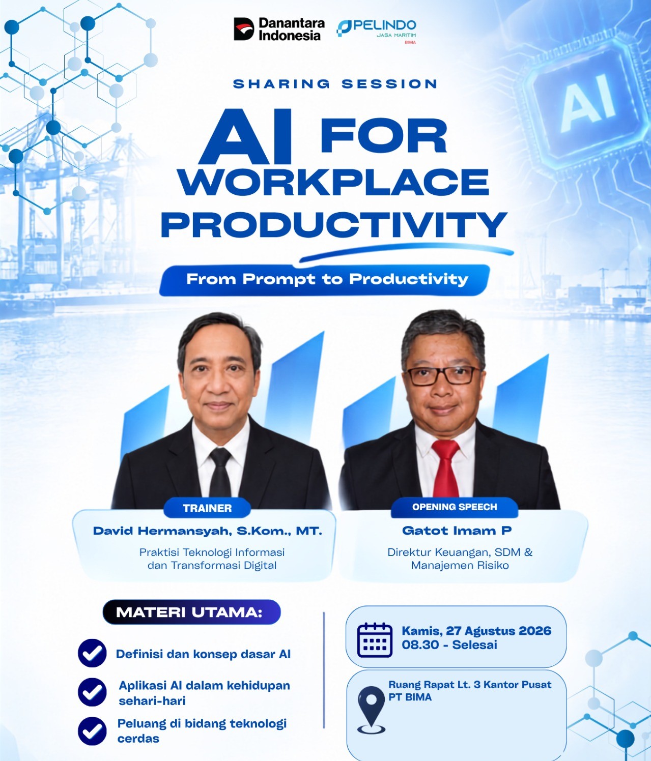 Flyer sharing session AI for Workplace Productivity di PT BIMA bersama Primavisi Digital